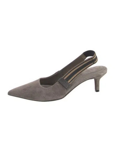 Pre-owned Brunello Cucinelli Monili Suede Slingback Pumps In Grey