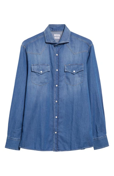 Brunello Cucinelli Pearl Snap Denim Western Shirt In Denim Scuro