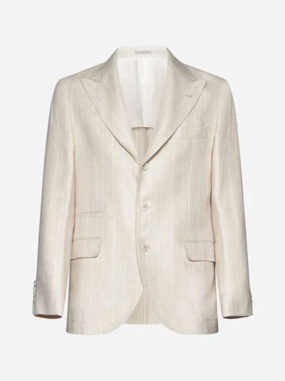 Brunello Cucinelli Pinstriped Linen-blend Single-breasted Blazer In Beige