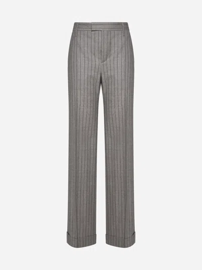 Brunello Cucinelli Pinstriped Wool Trousers In Grey,brown