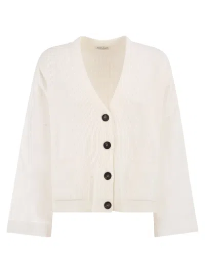 Brunello Cucinelli Ribbed Cardigan With Organza Sleeves In White