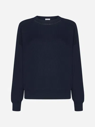Brunello Cucinelli Ribbed Cotton Sweater In Blue