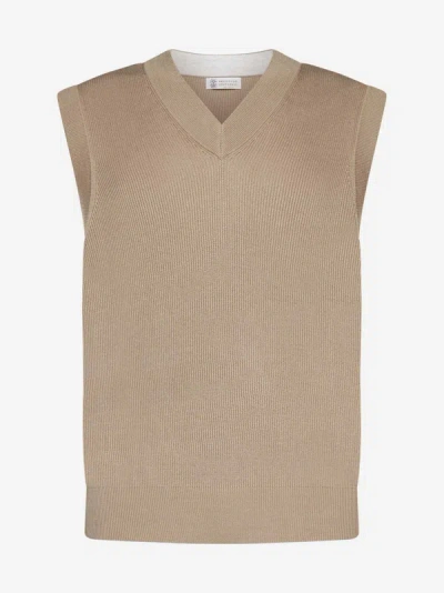 Brunello Cucinelli Ribbed Cotton Sweater Vest In Brown