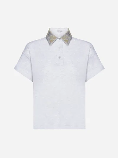 Brunello Cucinelli Sequin-collar Cotton Polo Shirt In White