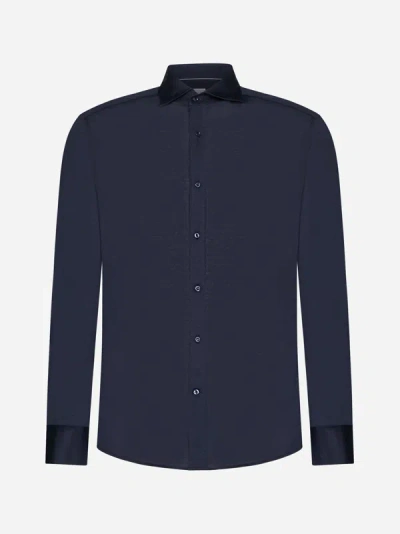 Brunello Cucinelli Silk And Cotton Shirt In Blue Navy