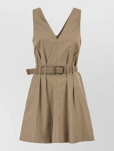 Brunello Cucinelli Sleeveless Mini Dress With Braided Belt In Neutral