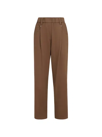 Brunello Cucinelli Stretch Cotton Cover Baggy Pull-on Trousers With Shiny Bartack In Brown