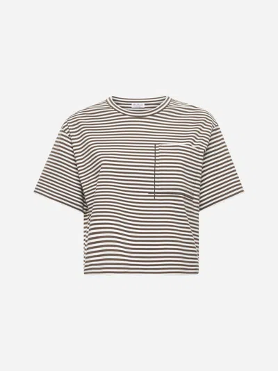 Brunello Cucinelli Striped Jersey Shiny Pocket Detail Crop T-shirt In Black