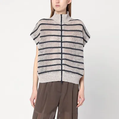Brunello Cucinelli Striped Mesh Cardigan In Linen Blend In Beige
