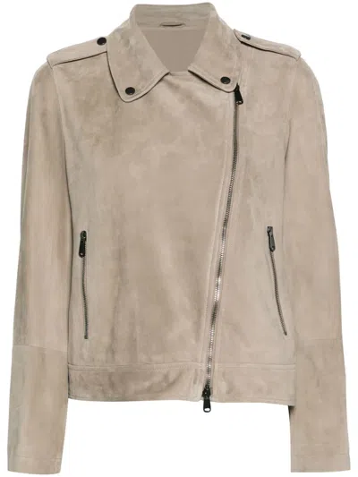Brunello Cucinelli Suede Biker Jacket In Neutrals