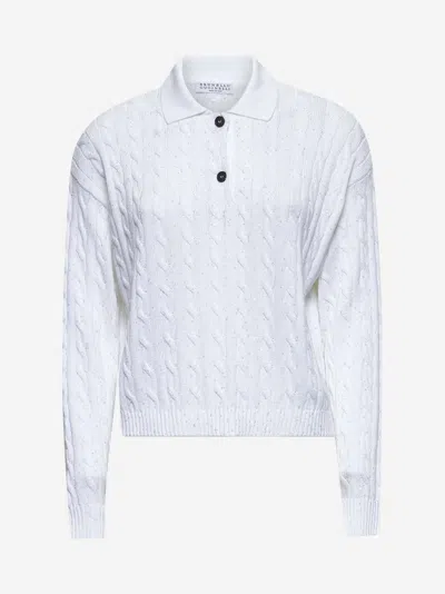 Brunello Cucinelli White Dazzling Cables Knit Polo Shirt