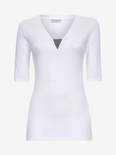 Brunello Cucinelli White Ribbed Jersey Precious Insert T-shirt