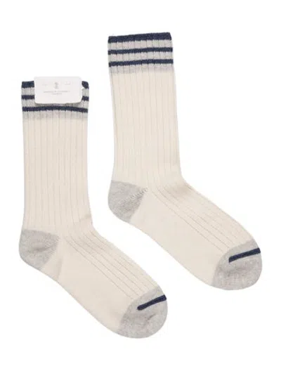 Pre-owned Brunello Cucinelli Wool Stripped Socks W/tags In Neutrals