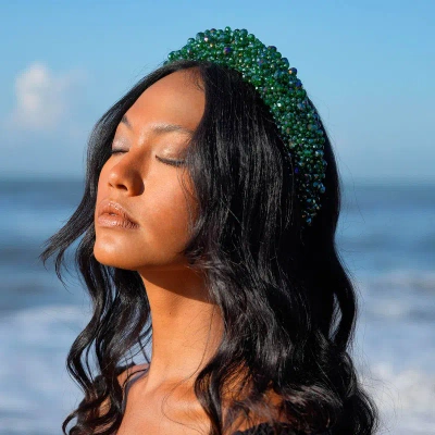 Brunna Co Crown Glass Crystal Beads Headband In Emerald Green