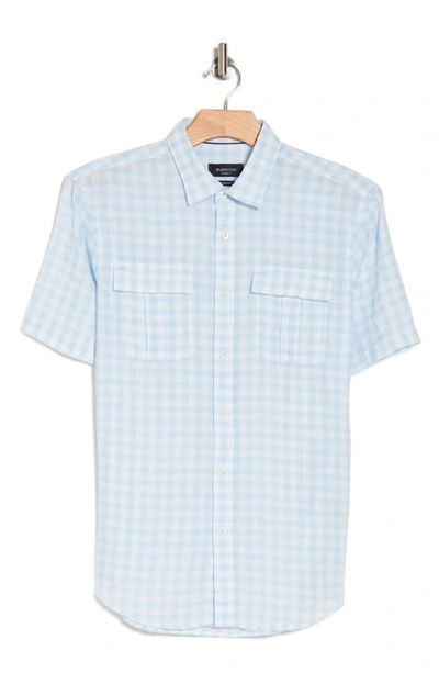 Bugatchi Gingham Shaped Fit Linen Short Sleeve Shirt In Air Blue