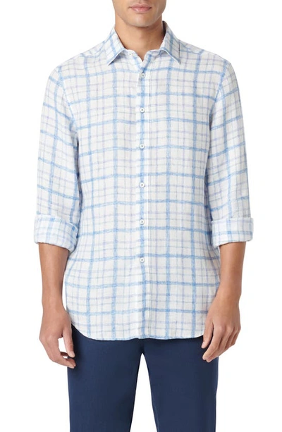 Bugatchi Julian Shaped Fit Plaid Linen Button-up Shirt In Classic Blue