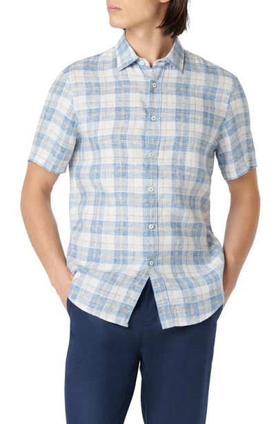 Bugatchi Orson Shaped Fit Short Sleeve Linen Button-up Shirt In Classic Blue