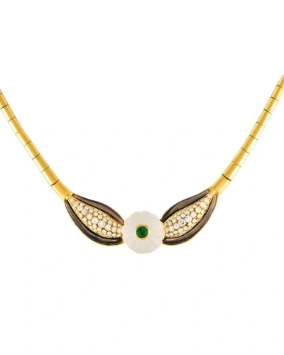 Bulgari 18k 2.70 Ct. Tw. Diamond & Emerald & Pearl Necklace (authentic ) In Gold