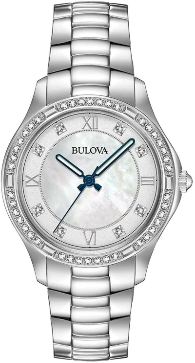 Pre-owned Bulova 96l265 Silver Tone White Mother Of Pearl Dial Crystal Accent Womens Watch