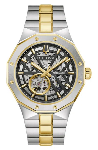 Bulova Automatic Skeleton Leather Strap Watch In Gold