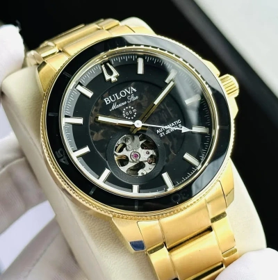 Pre-owned Bulova Gold Tone Men's Marine Star Automatic Black Dial Watch 97a174