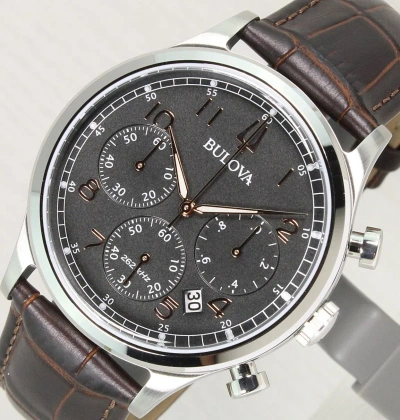 Pre-owned Bulova Precisionist Chronograph Gray Dial Brown Leather Band Men's Watch 96b356