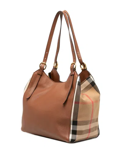 Pre-owned Burberry 2000-2017 Small Derby Calfskin And House Check Canvas Canterbury Tote Bag In Brown