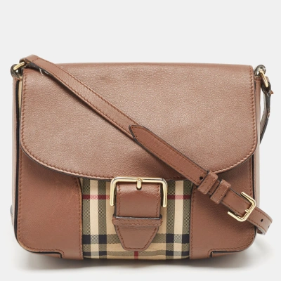 Pre-owned Burberry Brown/beige Haymarket Check Canvas And Leather Small Dickens Crossbody Bag