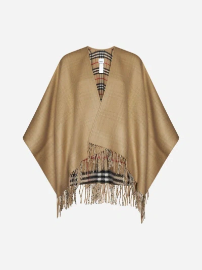 Burberry Check Motif Wool Poncho In Archive Beige