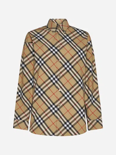 Burberry Check Print Cotton Shirt In Sand