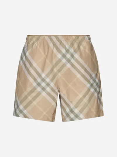 Burberry Check Print Swim Shorts In Beige