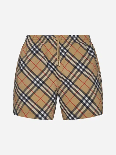 Burberry Check Print Swim Shorts In Brown