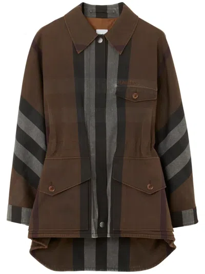 Burberry Check-print Long-sleeved Parka In Brown