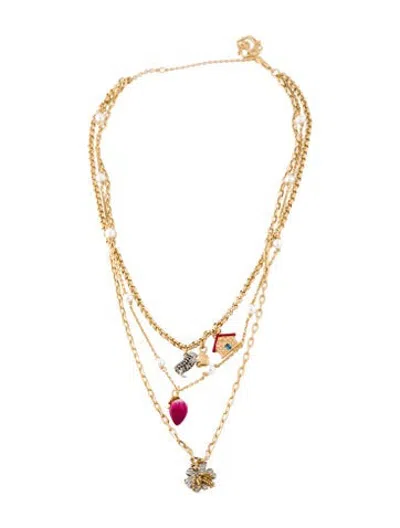 Pre-owned Burberry Faux Pearl, Enamel, & Crystal Multi-layered Charm Necklace W/ Tags, 18" In Black/green/pink