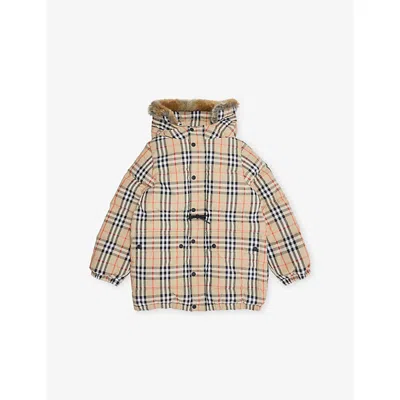 Burberry Kids' Franklin Faux-fur Trim Check Shell-down Jacket 4-1 In Neutral