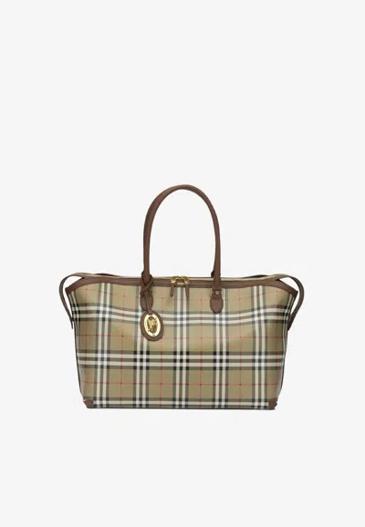 Burberry Large Coated Canvas Check Tote Bag In Beige