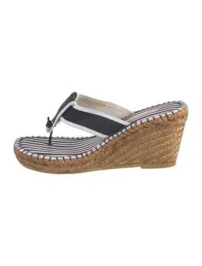 Pre-owned Burberry Late 2000's - Early 2010's Vintage Navy Blue & White Nautical Stripe Rattan Wedge Sandal Pumps