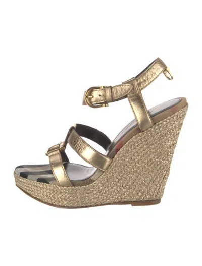 Pre-owned Burberry Leather Leather Trim Embellishment Espadrilles In Gold/metallic