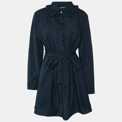 Pre-owned Burberry Navy Blue/green Plaid Check Cotton Belted Dress L