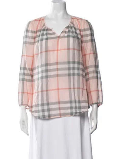 Pre-owned Burberry Plaid Print V-neck Blouse In Pink