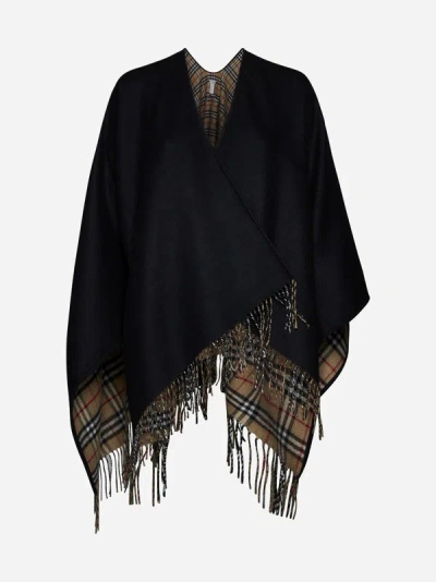 Burberry Reversible Wool Cape In Black,beige