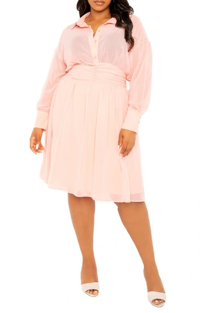 Buxom Couture Cinch Waist Long Sleeve Chiffon Shirtdress In Pastel Pink