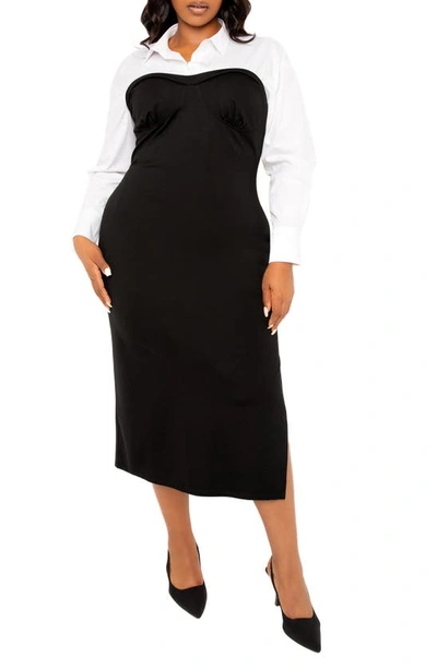 Buxom Couture Contrast Long Sleeve Midi Shirtdress In Black