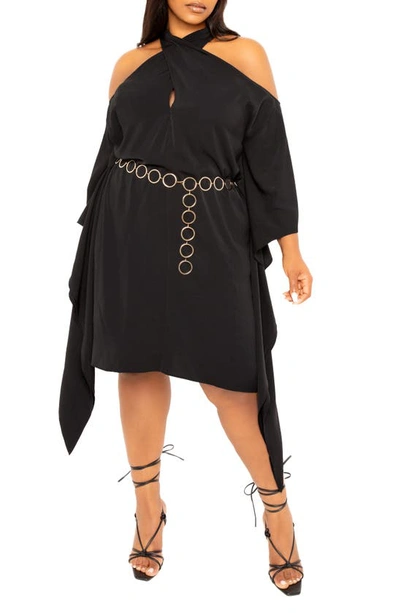 Buxom Couture Cross Halter Belted Tunic Dress In Black