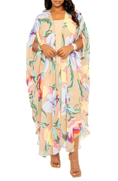 Buxom Couture Floral Chiffon Robe With Wrist Bands In Beige Multi