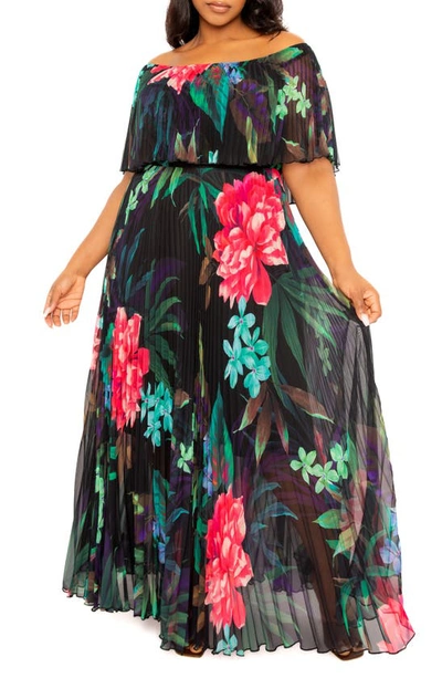 Buxom Couture Floral Pleated Off The Shoulder Maxi Dress In Black Multi