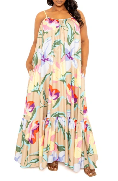 Buxom Couture Floral Print Voluminous Sleeveless Maxi Dress In Beige Multi