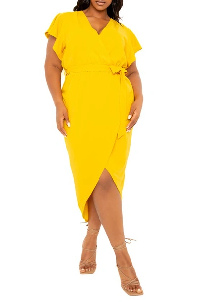 Buxom Couture Flutter Sleeve High-low Faux Wrap Dress In Mustard