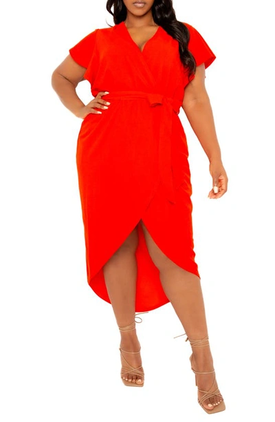 Buxom Couture Flutter Sleeve High-low Faux Wrap Dress In Orange Red