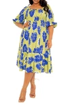 Buxom Couture Print Smocked Midi Dress In Sage Multi